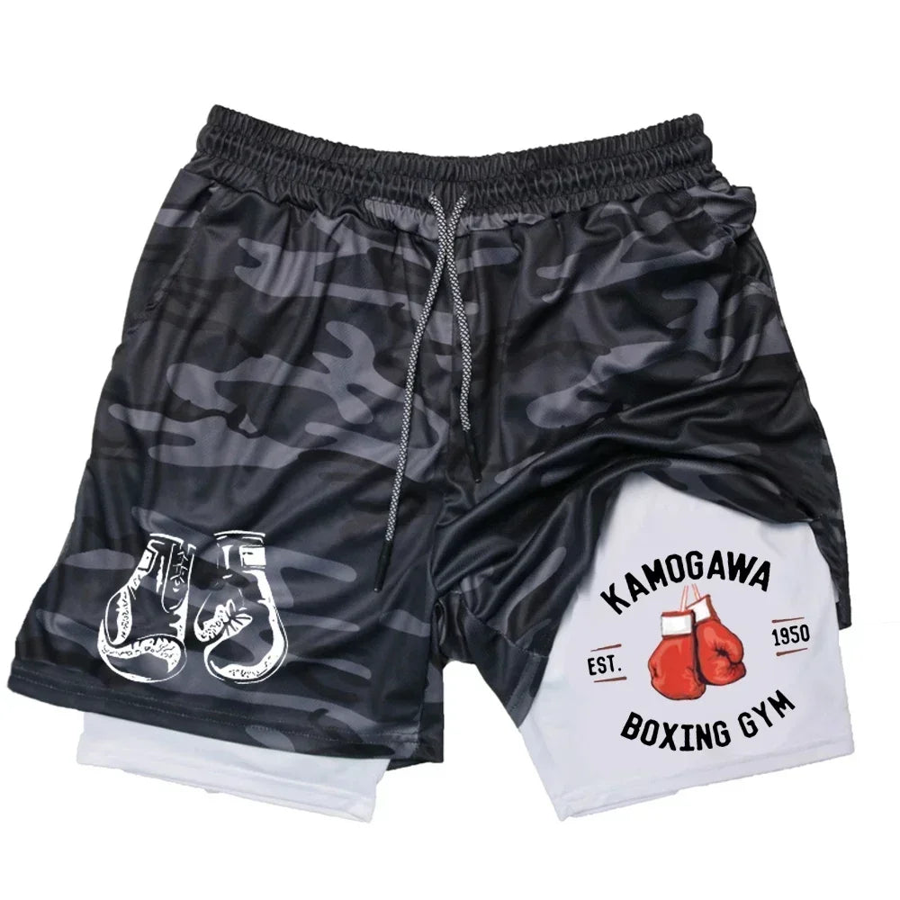 Men's gym compression shorts boxing printed sports pants double layered quick drying basketball beach muscle exercise fitness