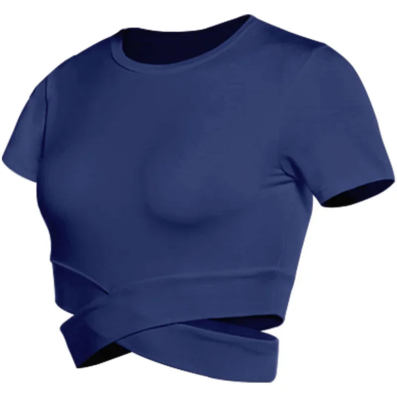 Women's short yoga top with cross straps and breathable waist suitable for gym, shapewear, and Pilates exercises