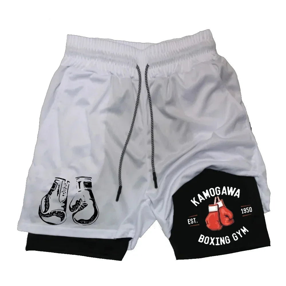 Men's gym compression shorts boxing printed sports pants double layered quick drying basketball beach muscle exercise fitness