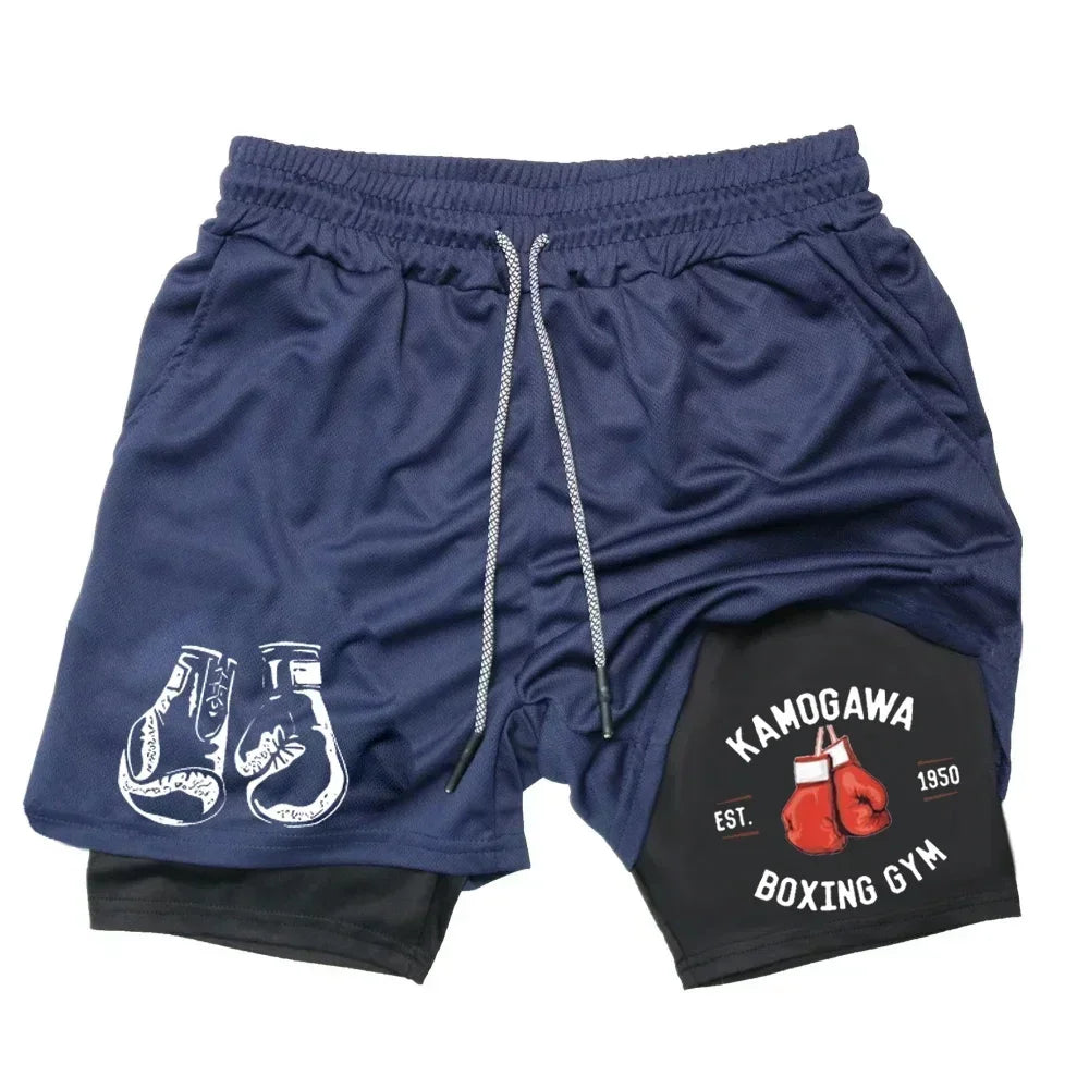 Men's gym compression shorts boxing printed sports pants double layered quick drying basketball beach muscle exercise fitness