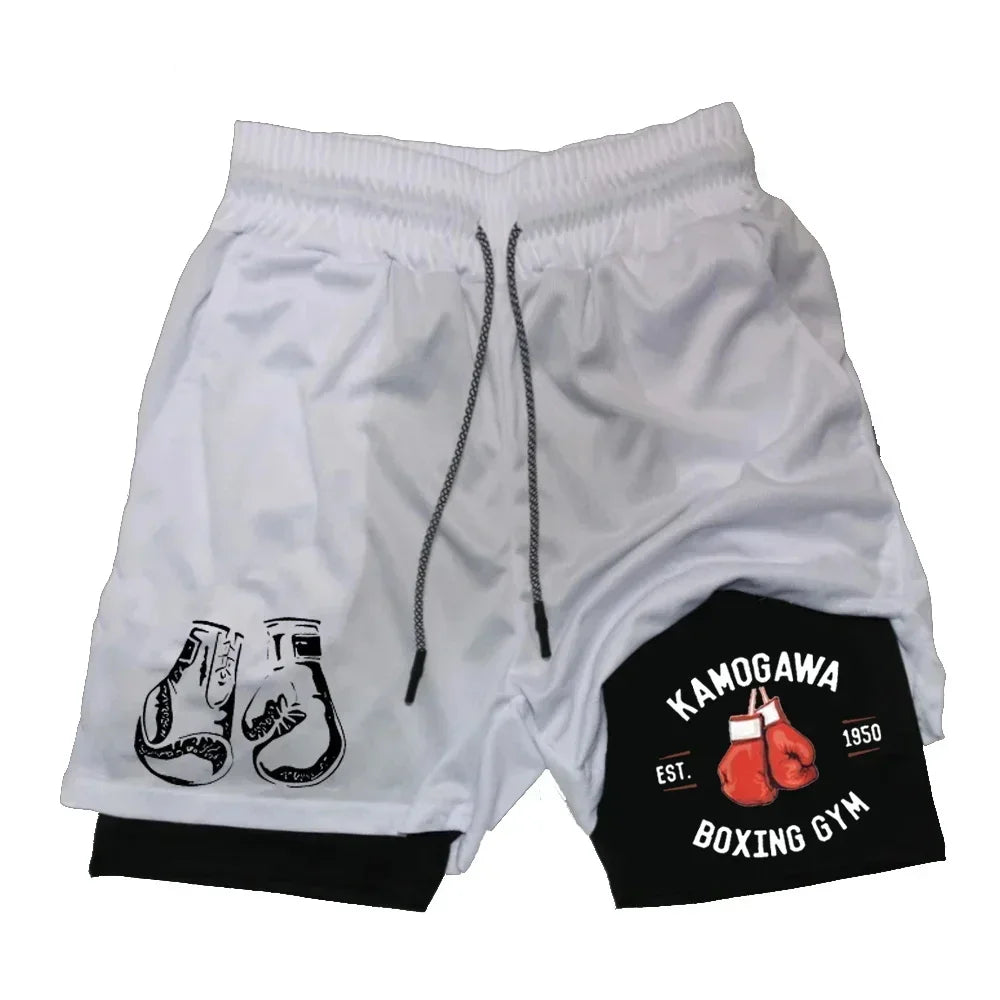 Men's gym compression shorts boxing printed sports pants double layered quick drying basketball beach muscle exercise fitness