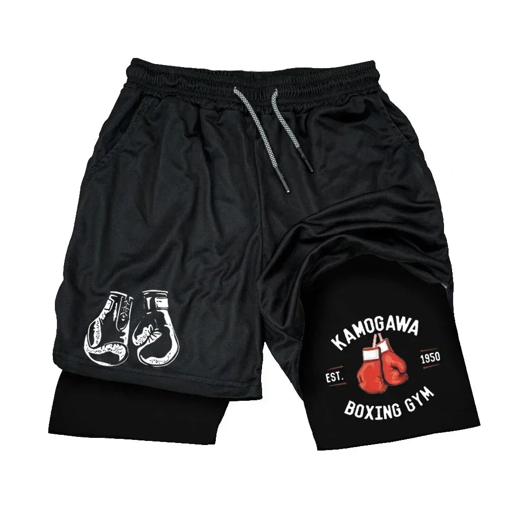 Men's gym compression shorts boxing printed sports pants double layered quick drying basketball beach muscle exercise fitness