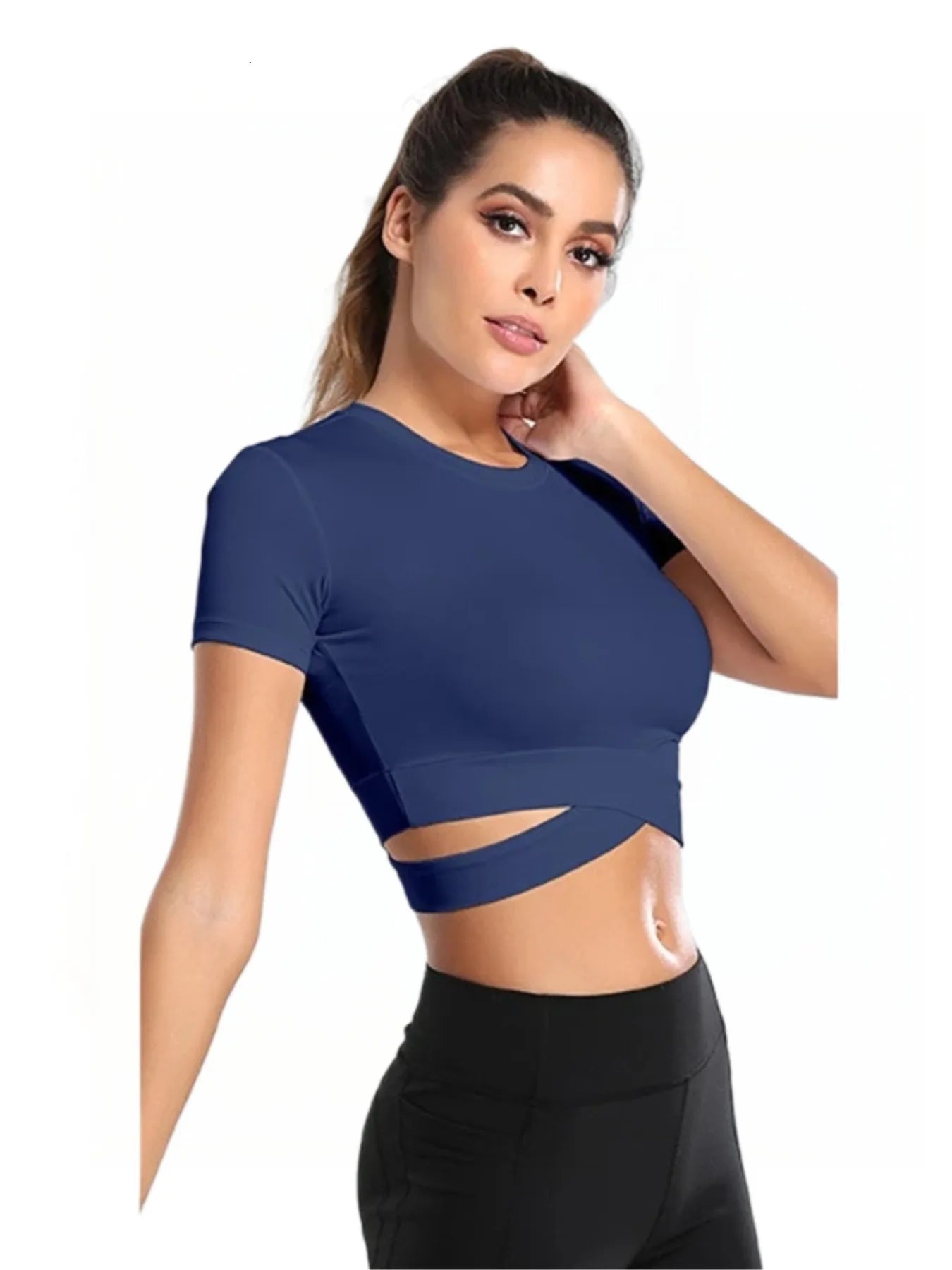 Women's short yoga top with cross straps and breathable waist suitable for gym, shapewear, and Pilates exercises