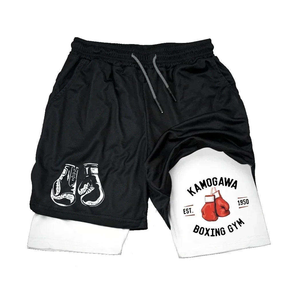 Men's gym compression shorts boxing printed sports pants double layered quick drying basketball beach muscle exercise fitness