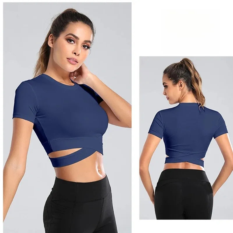 Women's short yoga top with cross straps and breathable waist suitable for gym, shapewear, and Pilates exercises