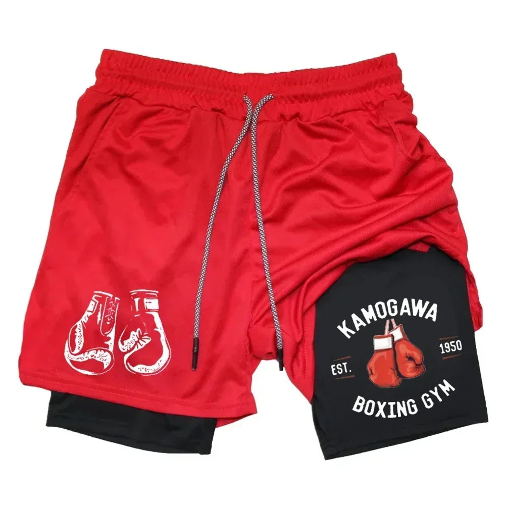 Men's gym compression shorts boxing printed sports pants double layered quick drying basketball beach muscle exercise fitness