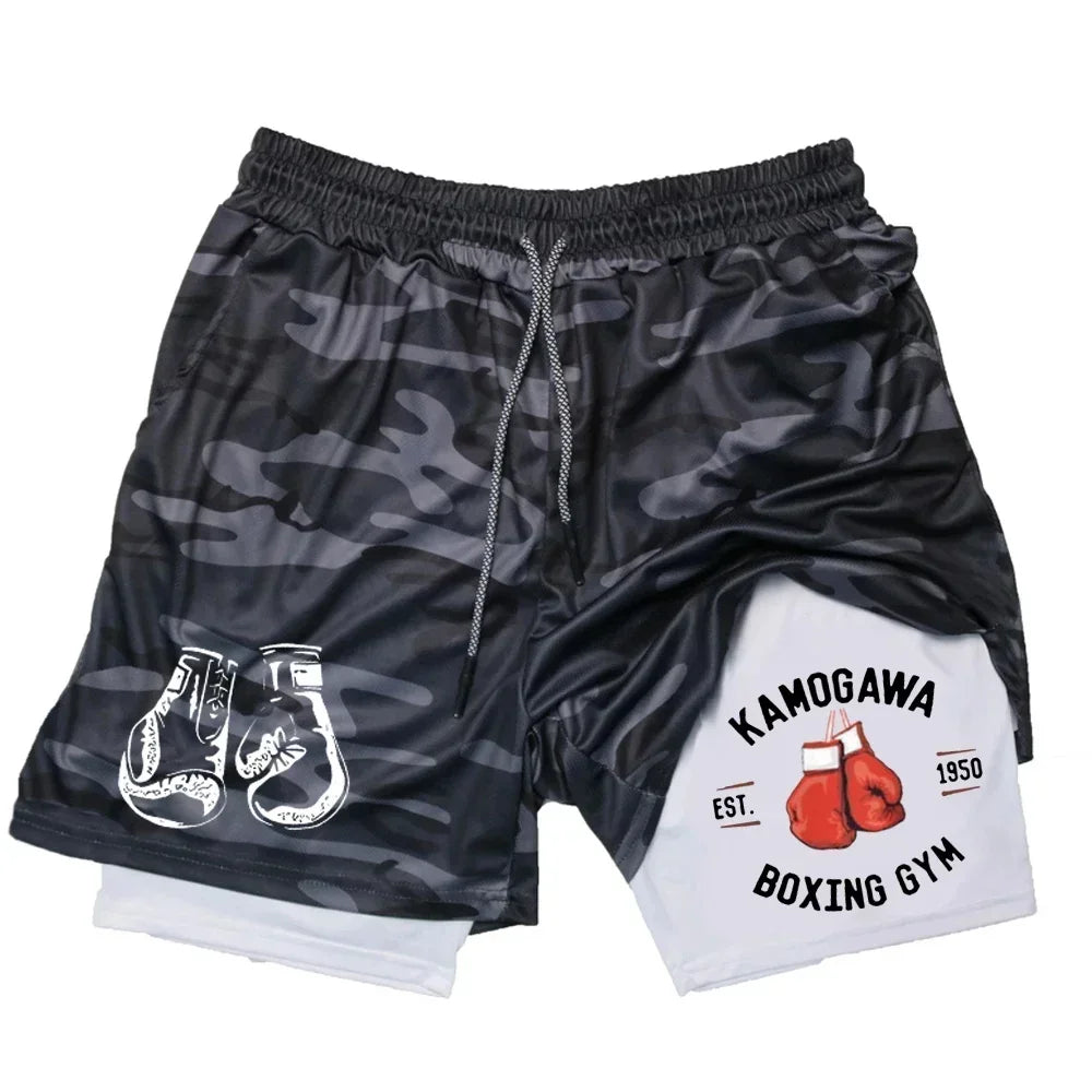 Men's gym compression shorts boxing printed sports pants double layered quick drying basketball beach muscle exercise fitness